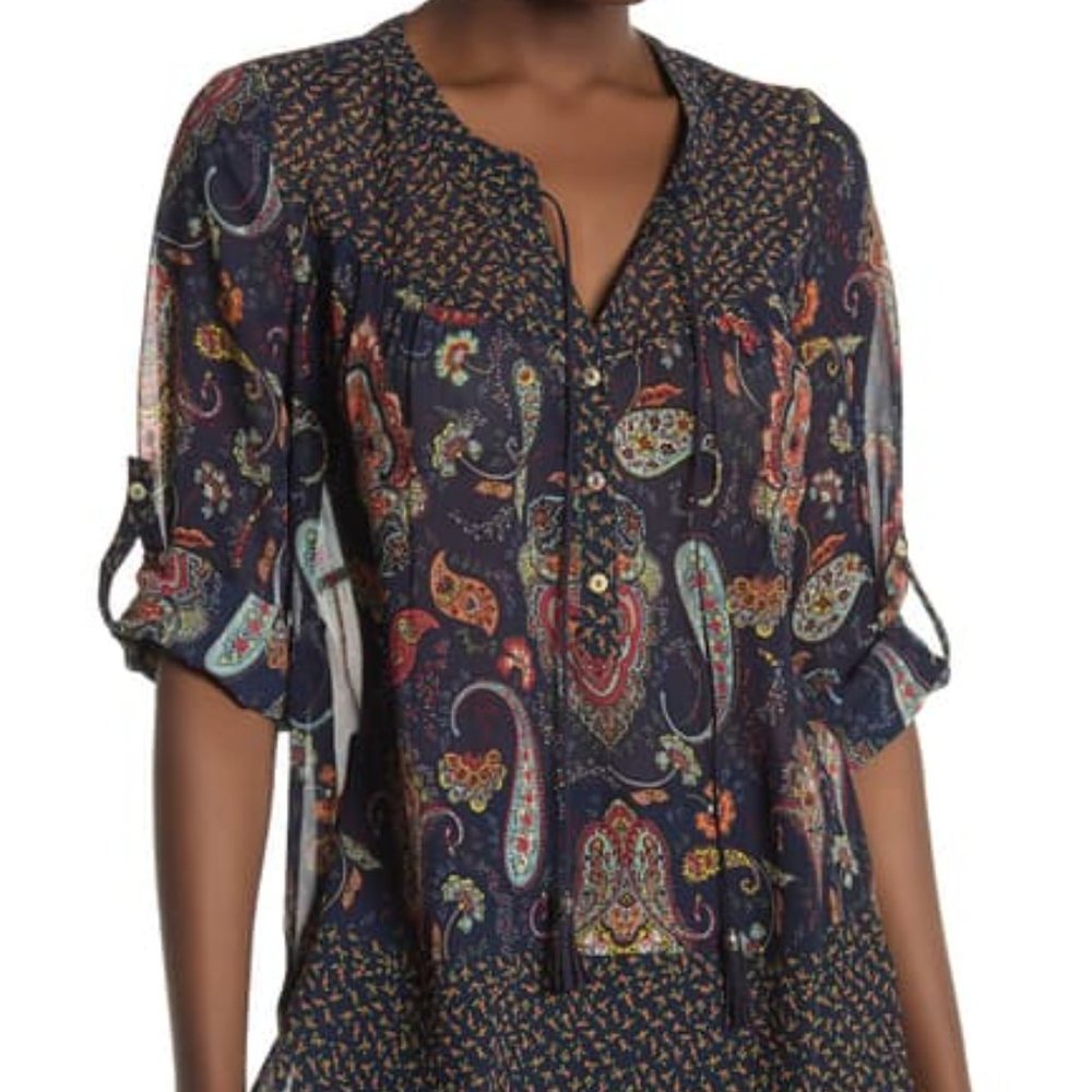DR2 Vivid Tassel V Neck Paisley Long Sleeve Blouse - Picture 12 of 12